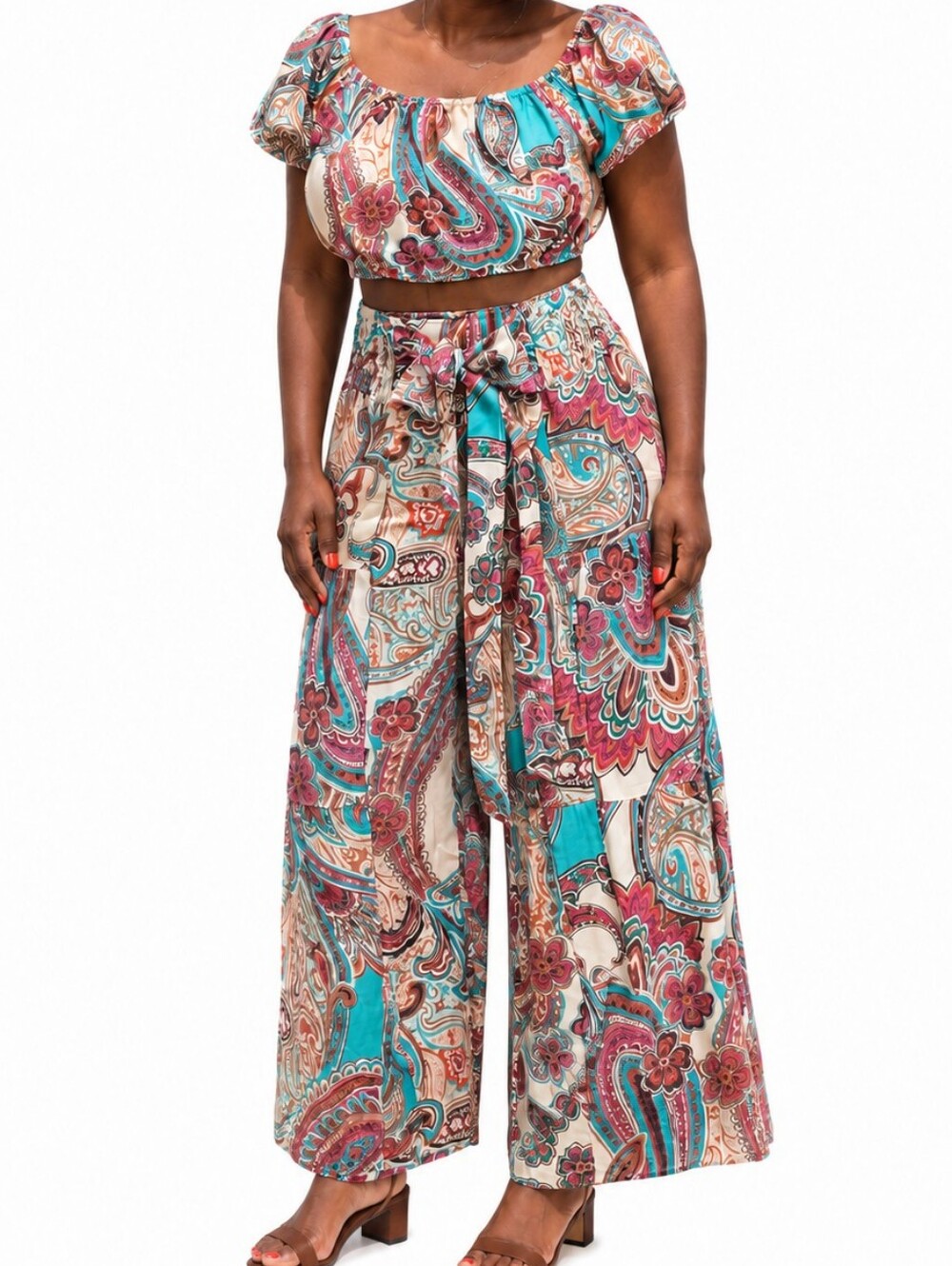 Paisley Off-Shoulder Crop Top & Wide-Leg Jumpsuit Set - Teal & Pink